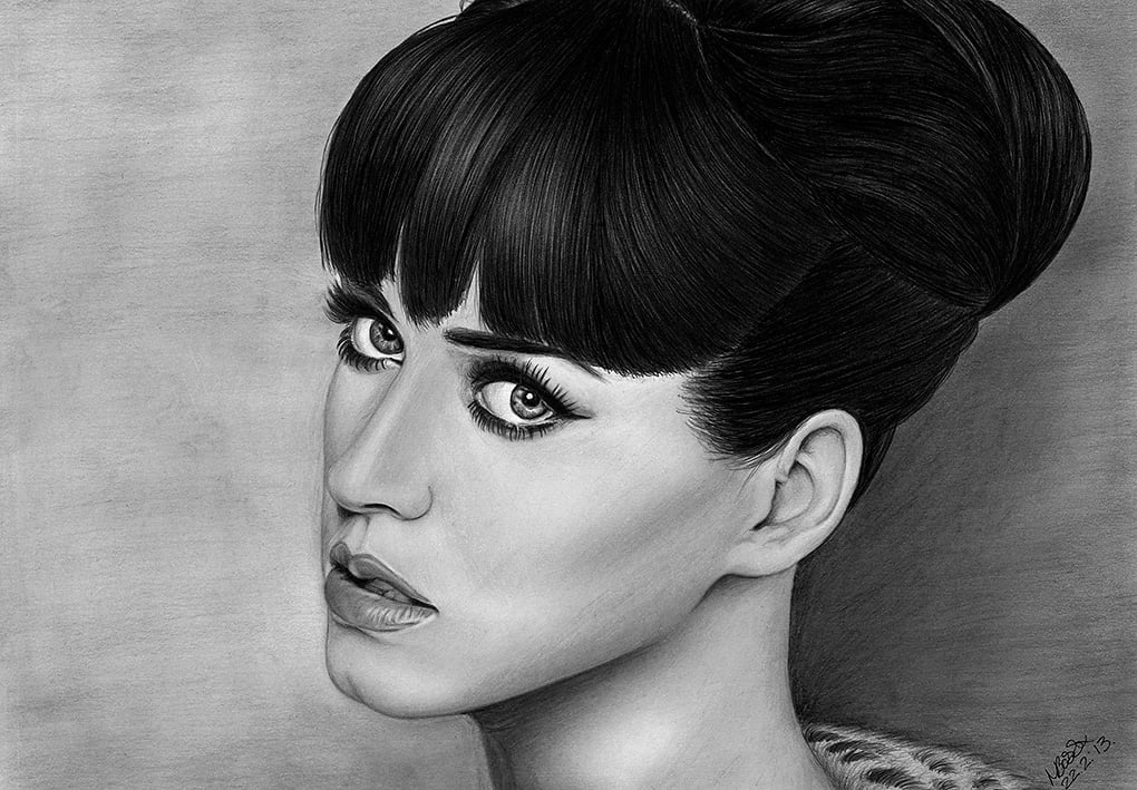 Portrait of pop star Katy Perry, graphite pencil drawing